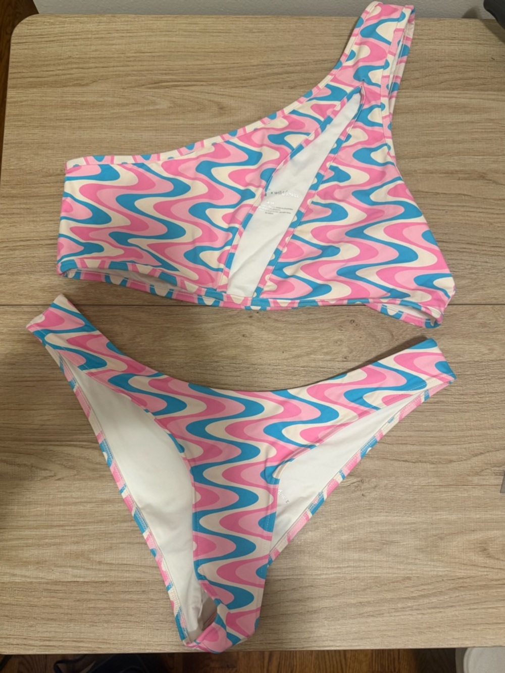 Frankie's Bikinis Pink & Blue Wavy One-Shoulder Bikini Set